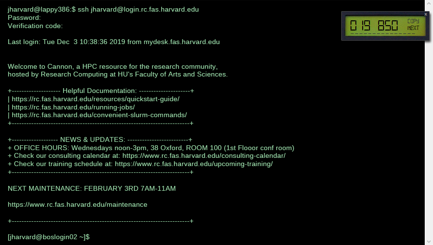 An image showing a terminal window logging into login.rc.fas.harvard.edu. The user enters password and openauth code (java openauth token generator shown overlaid on terminal window)
